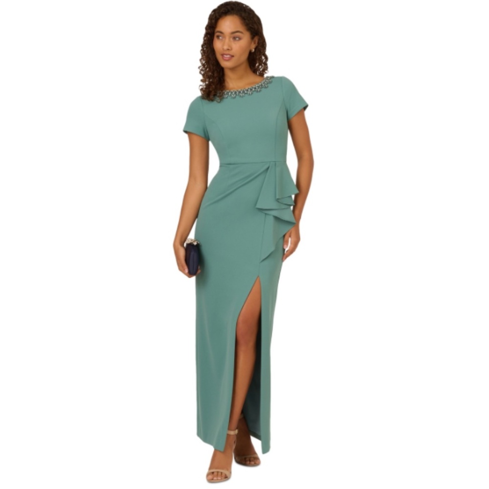 Adrianna Papell Women's Crepe Embellished-Neckline Column Sheath Gown - Green